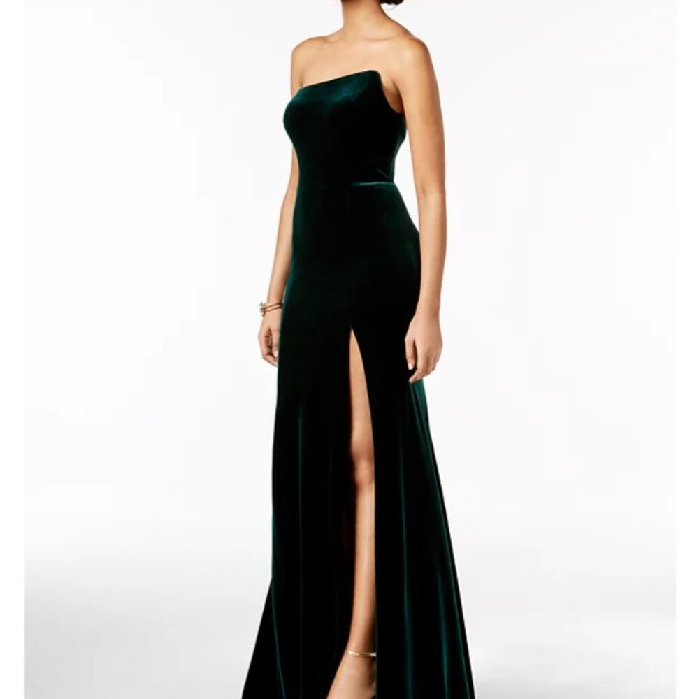 Floor length deep green velvet event dress